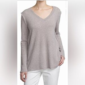 White+Warren 100% Cashmere Light Grey V-Neck Fringe Trim Pullover Sweater